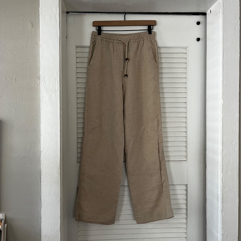 Zara Woven Elastic Waist Drawstring Beige Pants Small